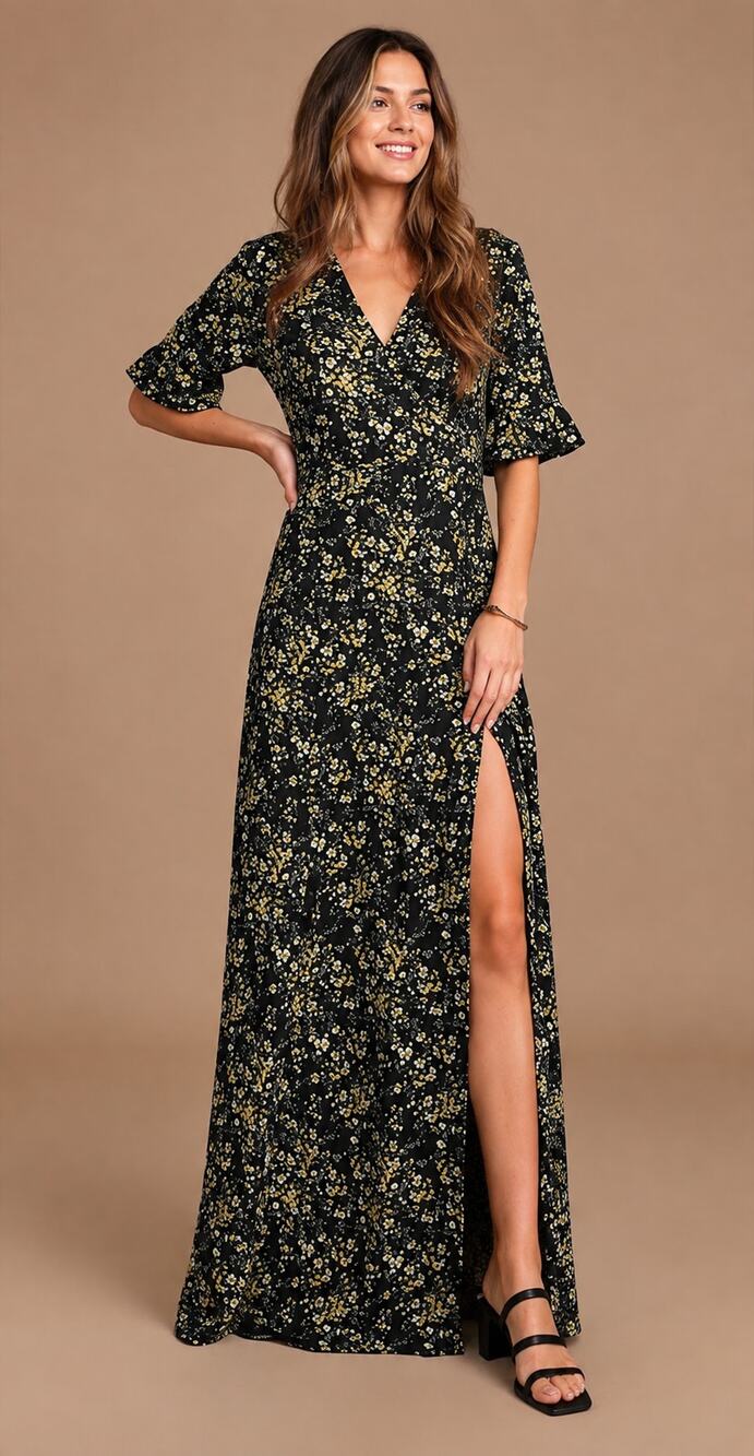 Lulus September Sunsets Floral Wrap Maxi Dress Womens Small Black Whimsigoth
